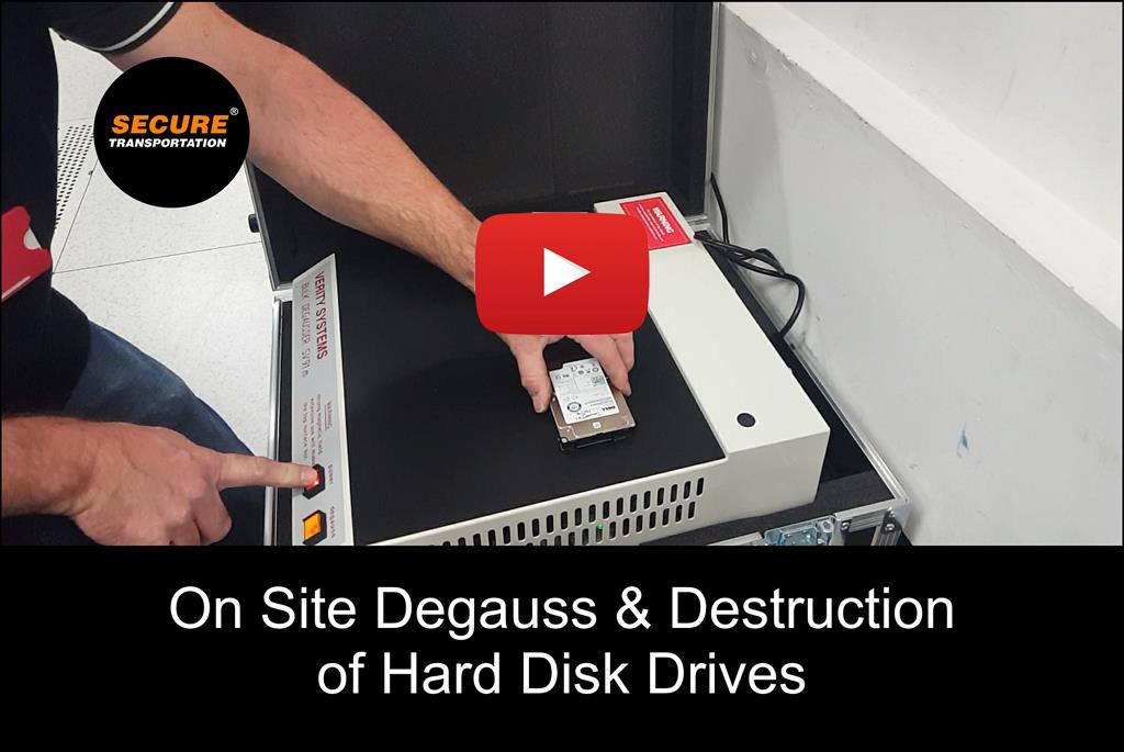 Secure Transportation Ltd can come to site and degauss and puncture a hole through hard disk platters using our 3 ton arbor press, then securely transport off site and have shredded